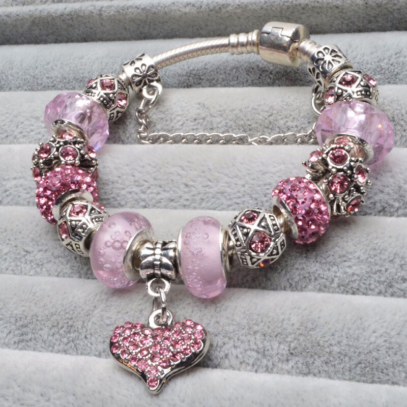 Roze kristallen liefdeshart bedelarmband voor vrouwen, europese doe-het-zelf kralenarmbanden en bangles als verliefde stellen pulseira