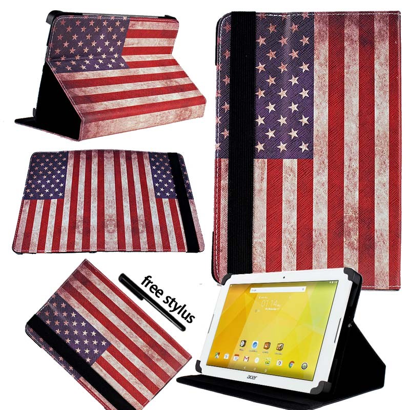 KK & LL Per Acer Iconia One 10 B3-10 B3-A20 A30 A40 A40FHD A50 A50FHD-Supporti Tablet Folio Copertura di Cuoio caso + Libera dello stilo: USA American Flag