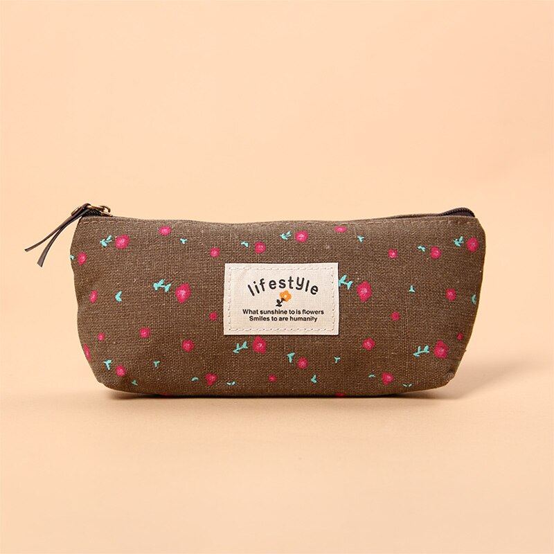 Cute Colorful Floral Flower Canvas Zipper Pencil Cases Lovely Fabric Flower Tree Pen Bags: Coffee