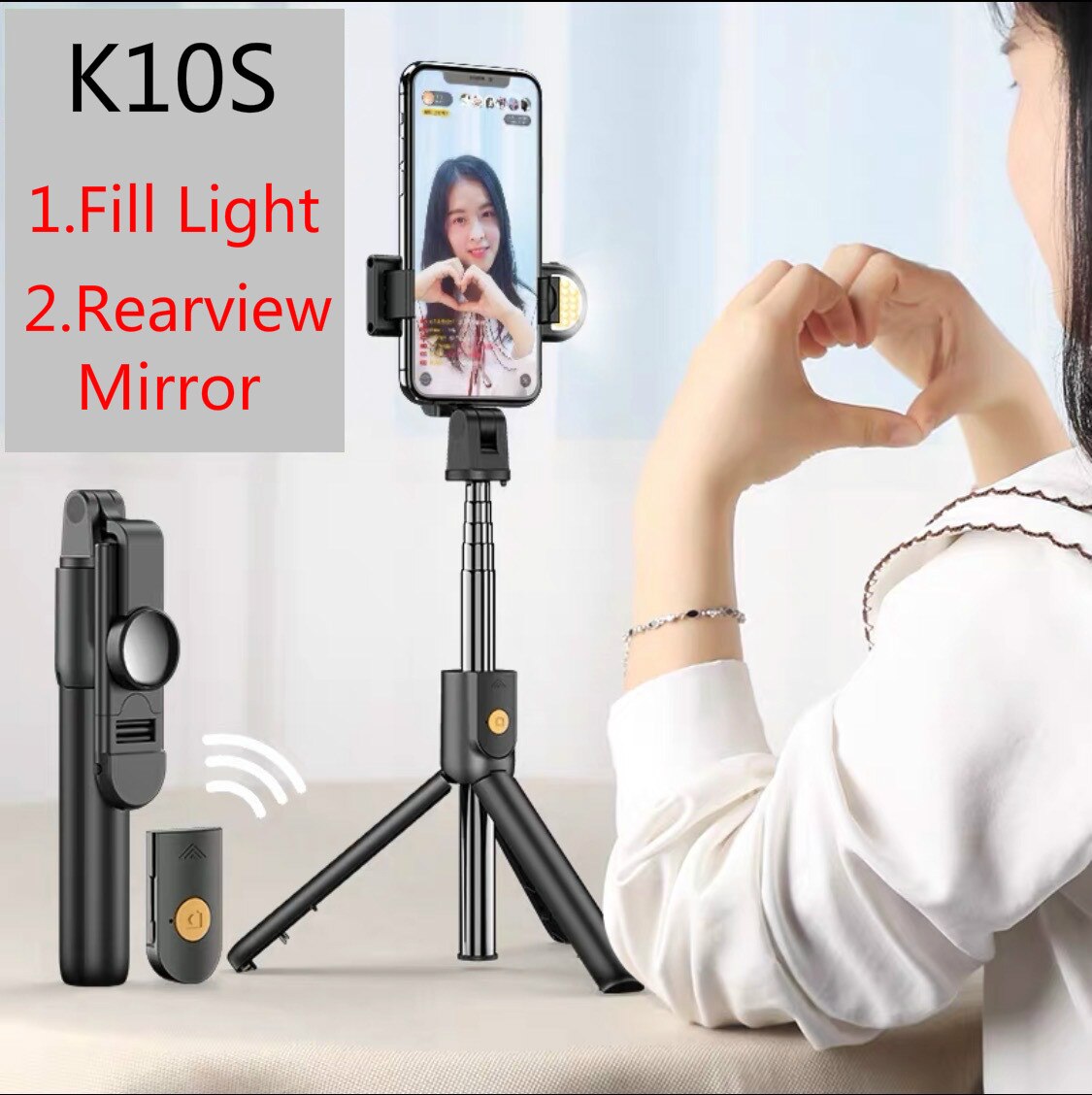 Wireless Bluetooth Selfie Stick Tripod, Foldable Tripod and Monopod with Remote Shutter, Suitable for Iphone Samsung Huawei: K10S Selfie Stick