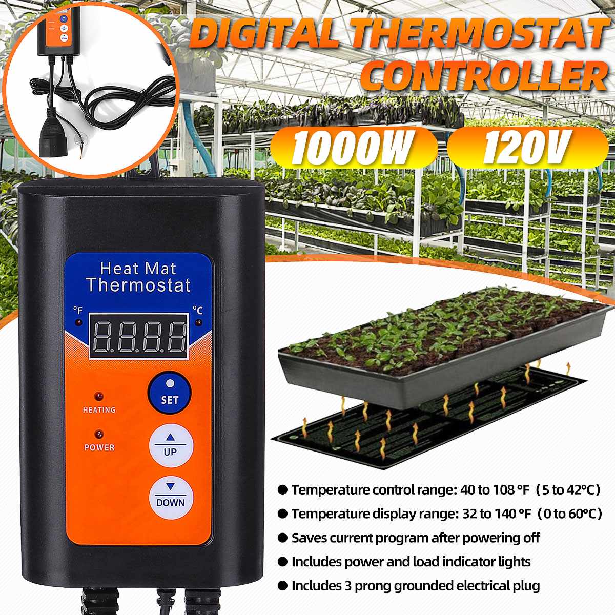 Digital Heat Mat Temperature Controller Hydroponic Plants Germination Thermostat Reptiles Amphibians Pets Supplies 1000W 120V