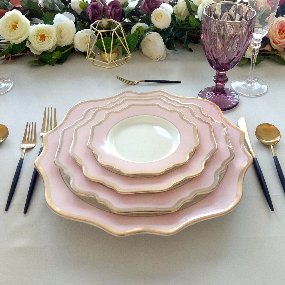 Sunflower Ceramic Dinner Plates Wedding Party Dishes White Pink Golden Edge Tableware for Girls Dessert Plate Serving Tray