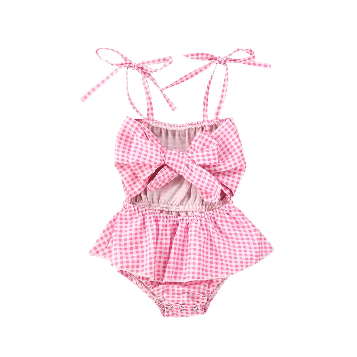 Zomer Mooie Baby Baby Meisjes Bodysuits Roze Plaid Print Strik Mouwloze Jumpsuits