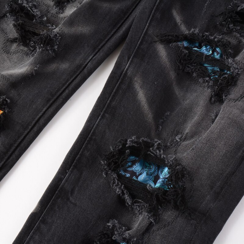 Mannen Jeans Retro Zwart Grijs Elastische Slim Fit Vernietigd Hole Ripped Jeans Mannen Patched Hip Hop Denim broek