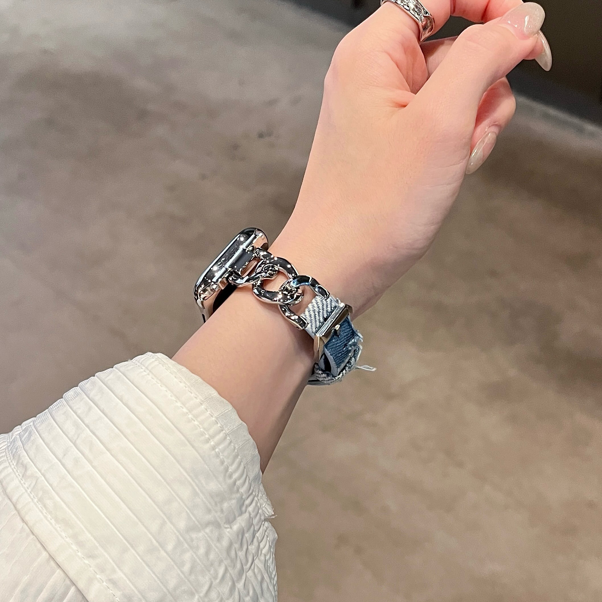 Luxe Slanke Lederen Metalen Kettingband Voor Appel Horlogeband 8 49 9 7 Se 6 Meisje Denim Polsband Voor Iwatch 45 42 44 40 41 38