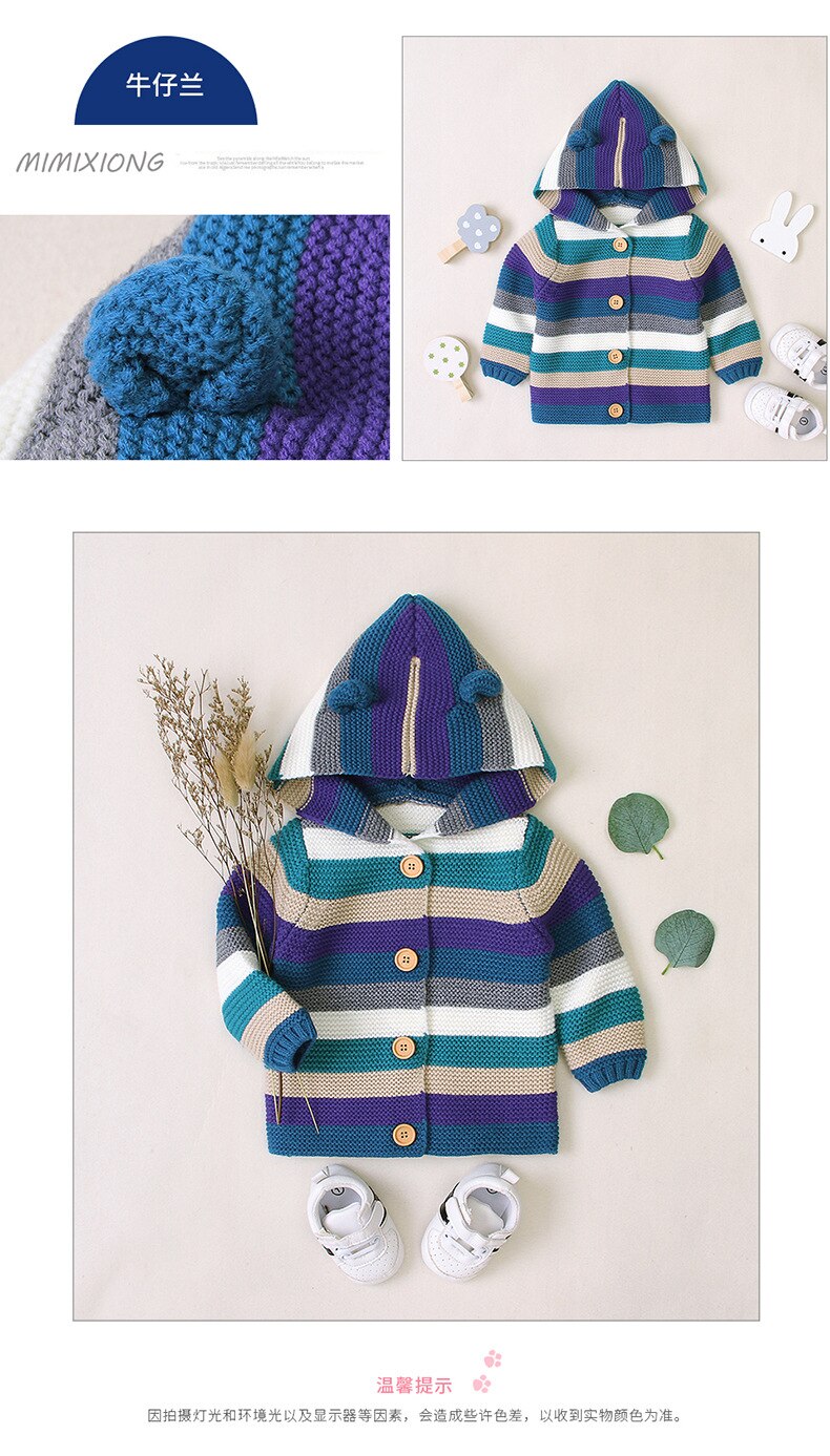 Goocheer-Chaqueta de punto para bebés y niños, chaquetas de otoño cálidos, sudaderas infantiles, Abrigo con capucha a rayas de manga larga, Invierno