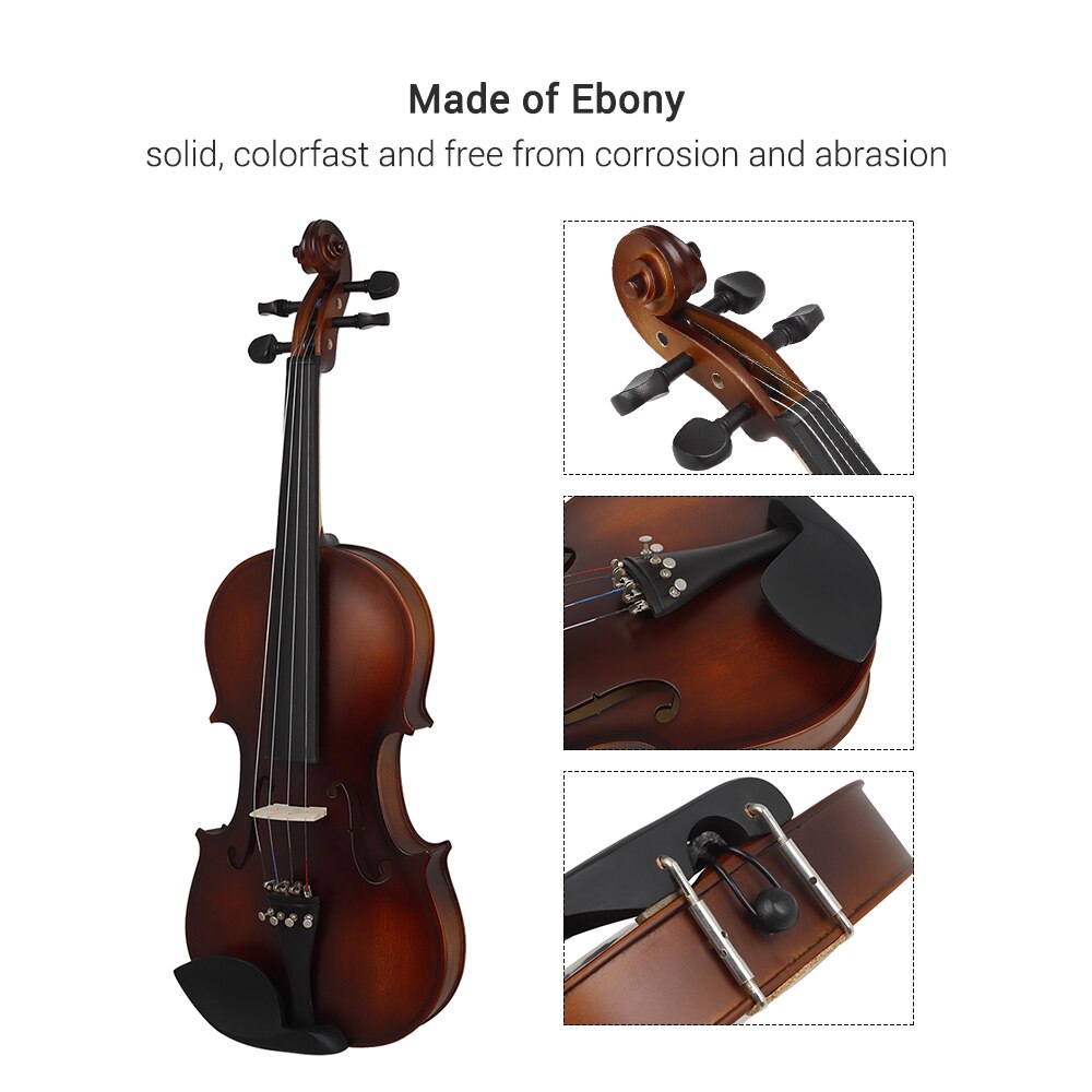 Muslady Full Size 4/4 Violin Basswood Body Head Ebony Fingerboard Pegs Chin Rest Tailpiece for Beginners Student Performer