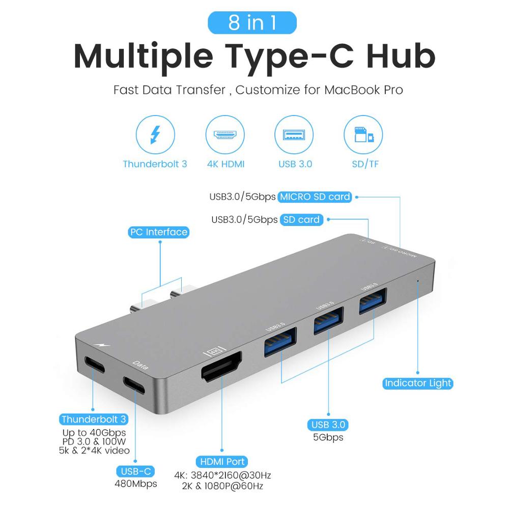 Multifunctionele 8in1 Dual Usb-C Type-C Hub Voor Macbook Air/Pro USB3.1 Type-C Docking Station Splitter Adapter