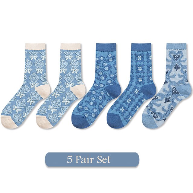 5 Pairs Vrouwen Sokken Set Herfst Winter Bloemen Printing Katoen Harajuku Blauwe Accessoires Geometrie Hartvormige Femme Sokken Kawai: H