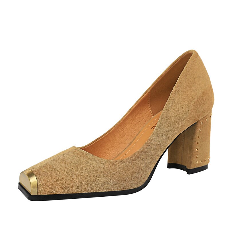 Fedonas metal firkantet tå kvinder flock pumps forår sommer nyeste mærke høje hæle basic bal festsko kvinde nitter rom sko: Khaki / 8