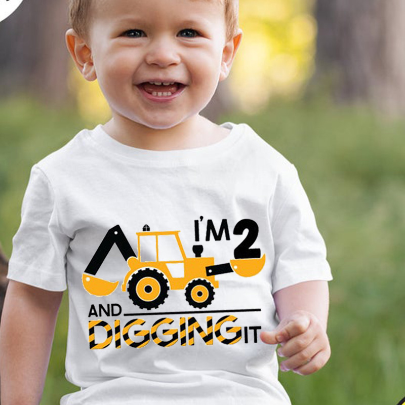 Construction Excavator digging theme boy 1st 2nd first second one two years old birthday party decoration shirt Photo props