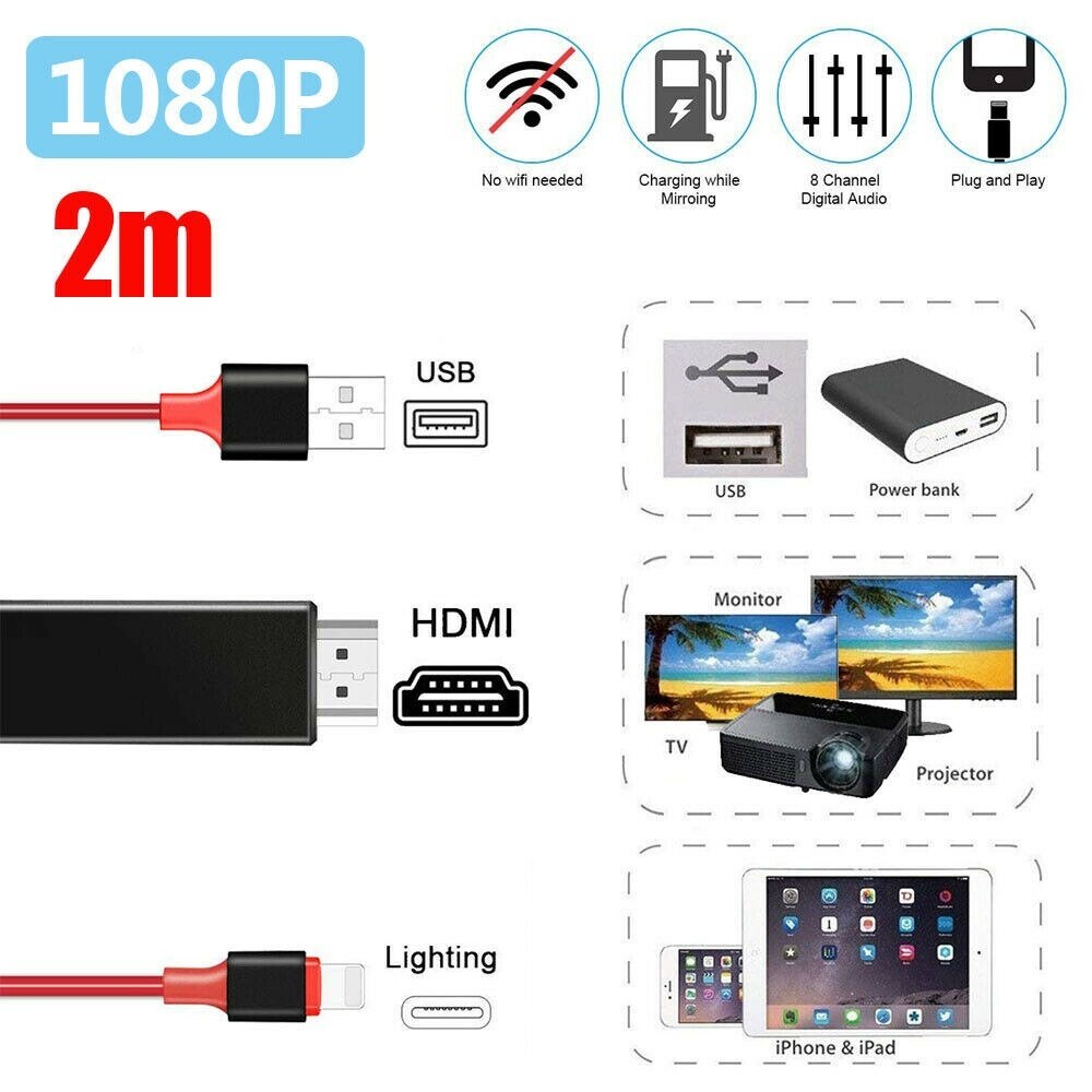 Lightning naar HDMI Adapter Kabel, USB 8 Pin naar HDMI HDTV AV Kabel Adapter 1080P Opladen Adapter Kabel