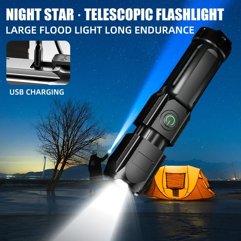 Hög stark ficklampa bärbar uppladdningsbar spotlights hög effekt led-ficklampa camping ultra kraftfull ficklampa arbetslampa