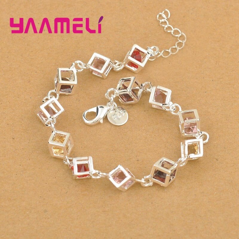 Rainbow Multicolor Cz Kristal Kubus Oorbellen Pendientes Armband Sieraden Set Shiny 925 Sterling Zilveren Vrouw Meisje Bijoux