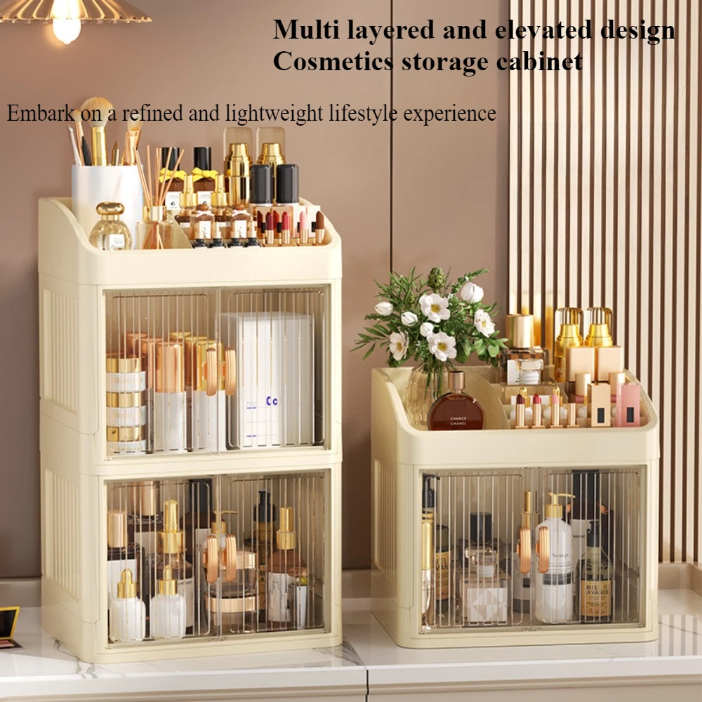 Caja de almacenamiento plegable, cajas organizadoras sencillas para el hogar, organizador de productos para el cuidado de la piel de doble puerta, estante de almacenamiento de papelería multicapa