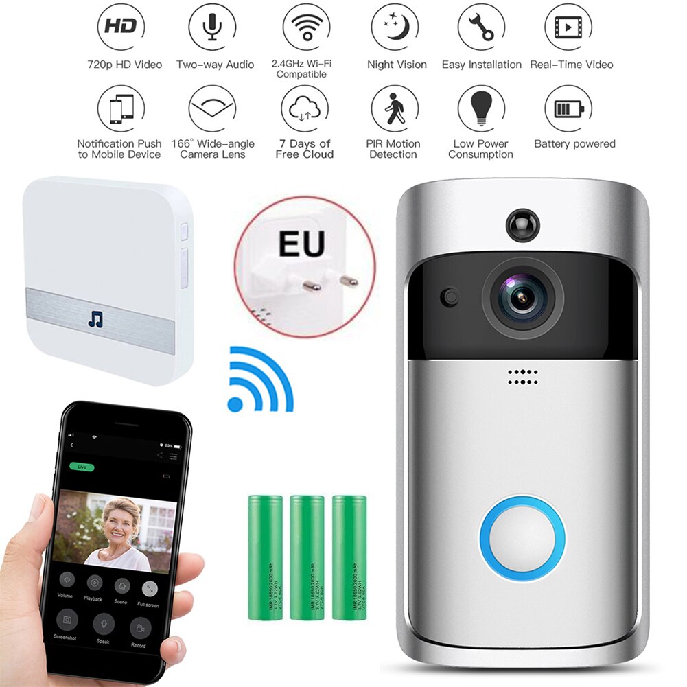 Dørklokke vært smart ip video intercom wifi video dør telefon dørklokke wifi ir alarm trådløs sikkerhedskamera  v5 dørklokke kamera: 720p eu-stik