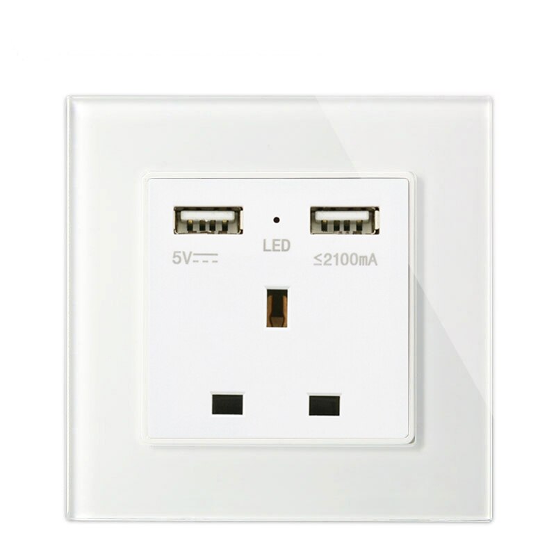 Atlectric UK Standard Wall Socket Tempered Glass Panel Power Outlet Dual Usb Socket 86mm*86mm Mobile Adapter 13A: Double USB UK Socket