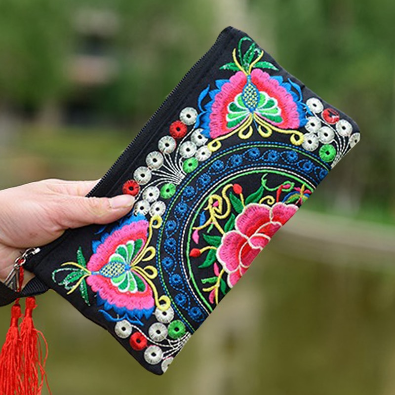 Small Embroidered Mobile Phone Wallet Lady Nation Style Boho Ethnic Embroidery Canvas Day Clutch Bag Embrague Bolsos de