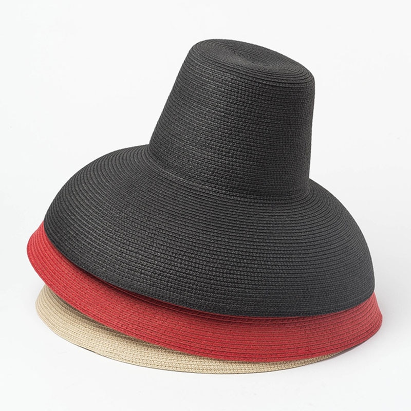 Kvinnor floppy lampa solhatt röd svart beige bred kant solskydd sommar strandhatt hög topp vikbar stråhatt anti-uv resehatt