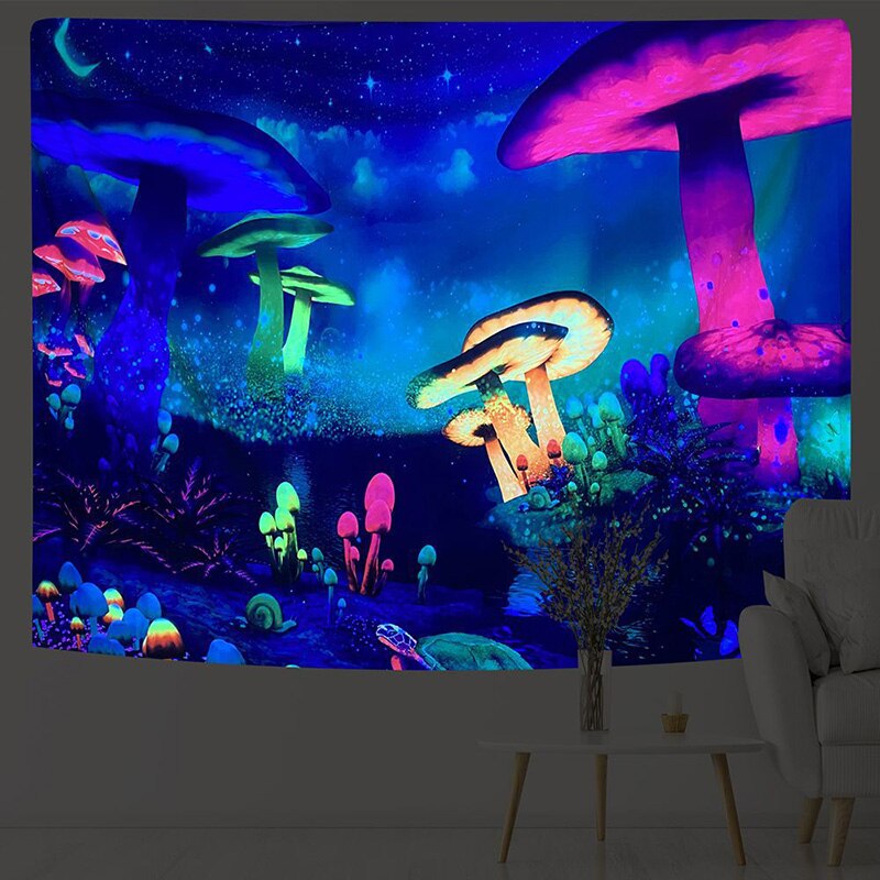 Tapiz fluorescente de seta de búho, decoración de pared que brilla bajo la lámpara negra, luz UV, decoración del hogar, dormitorio, sala de estar, psicodélico