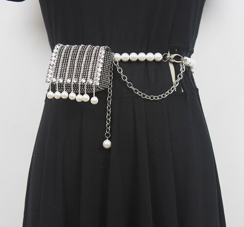 Silber Schwarz PVC Strass Taille Packungen Frauen Perle Kette Taille Gürtel Mit Münze Tasche Nette Mini Frauen Straße Perle Randbereich taille Tasche: Schwarz