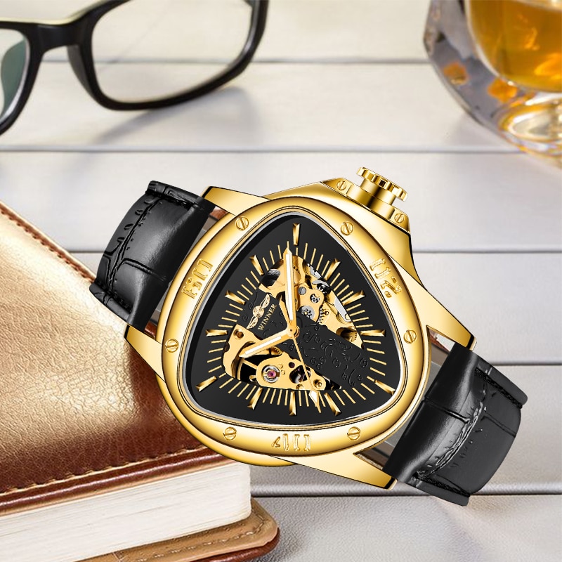 WINNER Men Automatic Mechanical Watches Steampunk Triangle Golden Skeleton Movement Mysterious Luminous