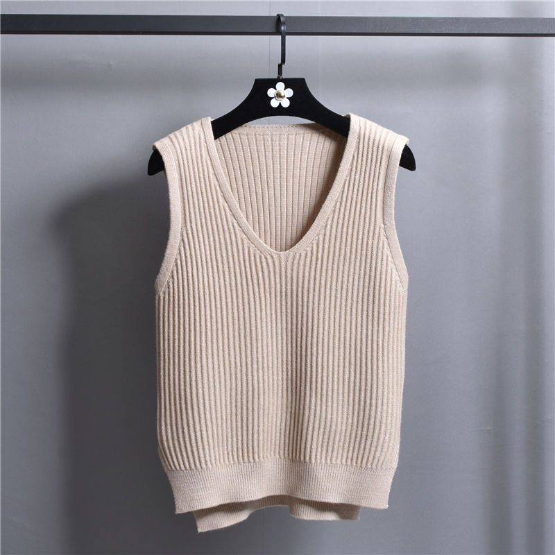 Strikket vest med v-hals, koreansk stil ensfarvet vest til kvinder løs vest stribet slim sweater frakke: Beige