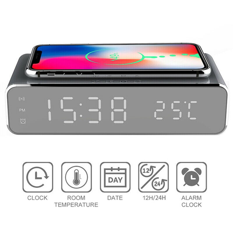 Electric LED Alarm Clock With Phone Wireless Charger Desktop Digital Thermometer Clock HD Mirror Clock With Date 12/24 H Switch