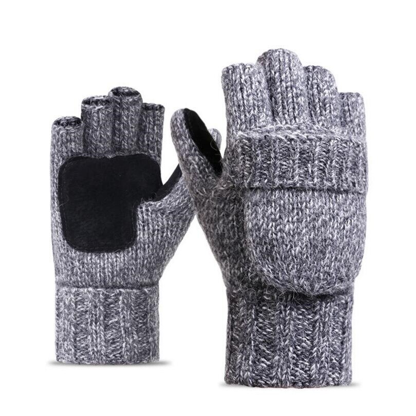 NDUCJSI Winter Warm Exposed Finger Mittens Knitted Warm Flip Half Finger Gloves Men Women Wool Work Thick Male Fingerless Gloves: G144 Light gray