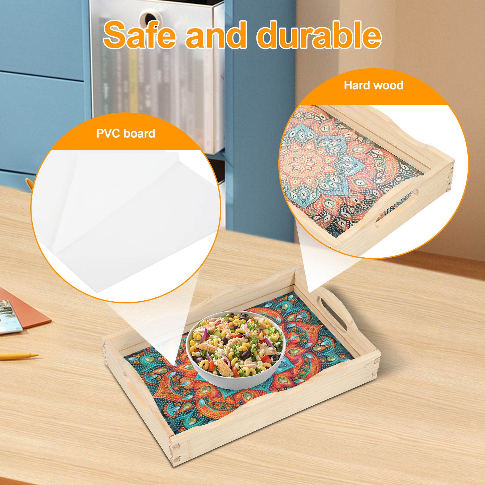 kit vassoio da portata con diamanti fai da te vassoio per alimenti con diamanti fai da te vassoio da portata in legno con diamanti in stile fiore colorato con manici per il cibo