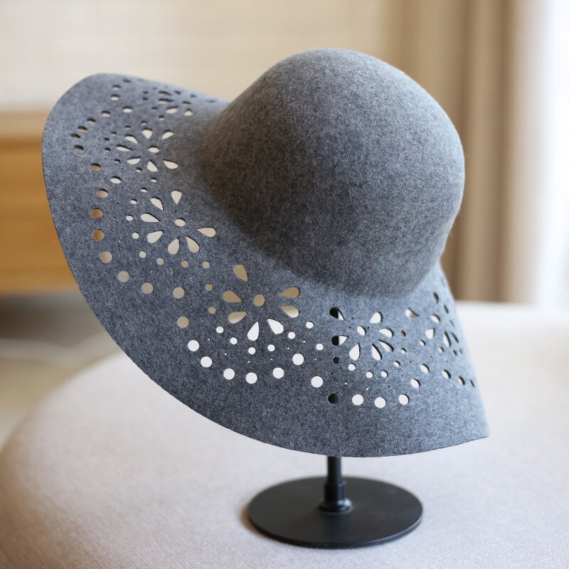 Large Brim Wool Felt Floppy Hats For Women Ladies Sun Beach Caps Female Chapeu PWFE010