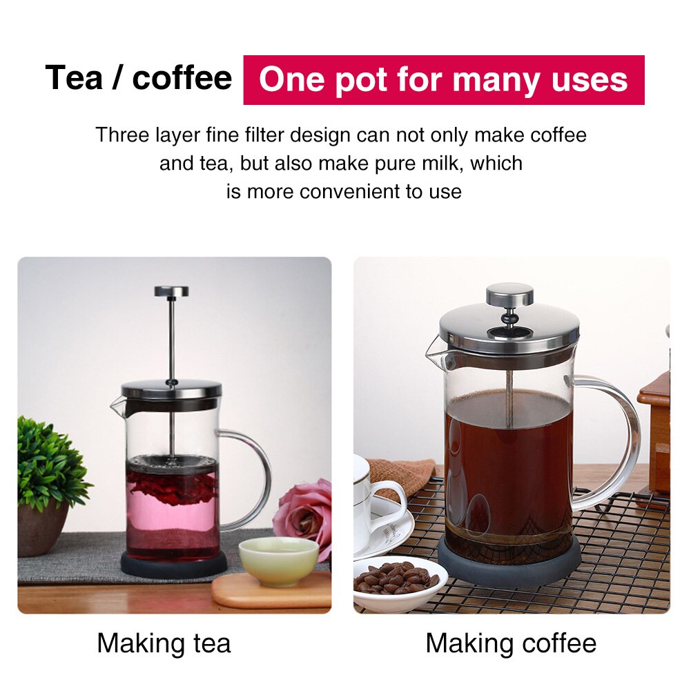 Heat Resistant Stainless Steel Manual French Press Durable Drinkware Coffee Maker Home Office 3 Level Filtration Portable