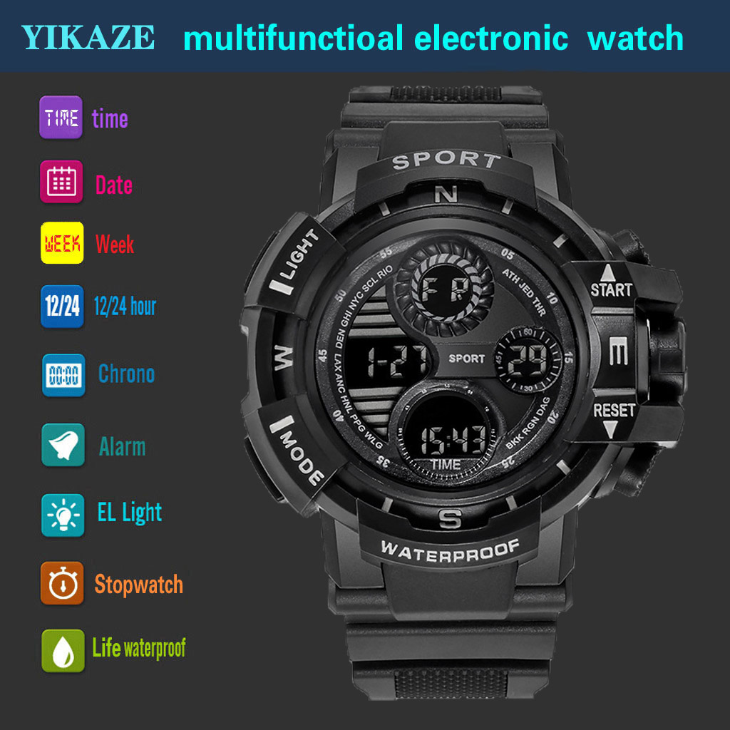 Reloj Digital negro YIKAZE para hombres, relojes deportivos, cronógrafo impermeable para exteriores, reloj de mano G, reloj de pulsera para estudiantes de choque de infantería