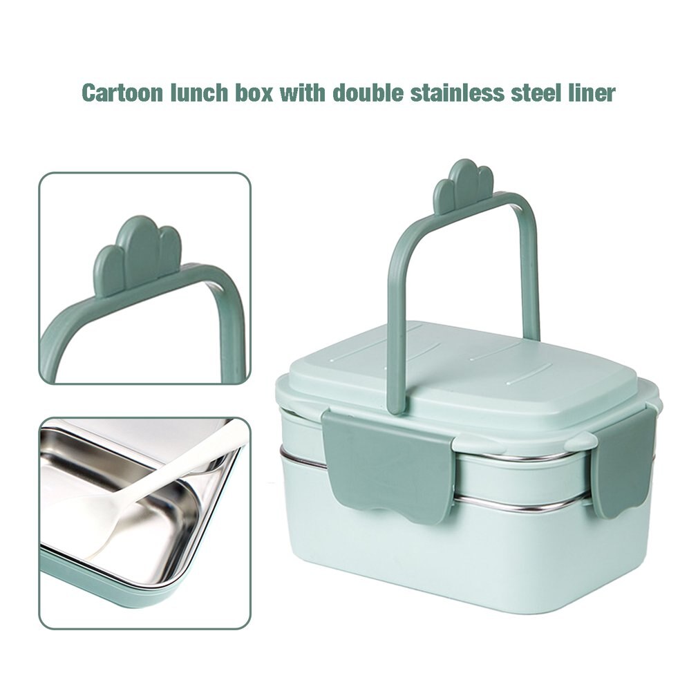 Double-Layer Lunchbox Rvs Food Storage Container Draagbare Lekvrije Silicone Ring Lunchbox Cartoon Servies