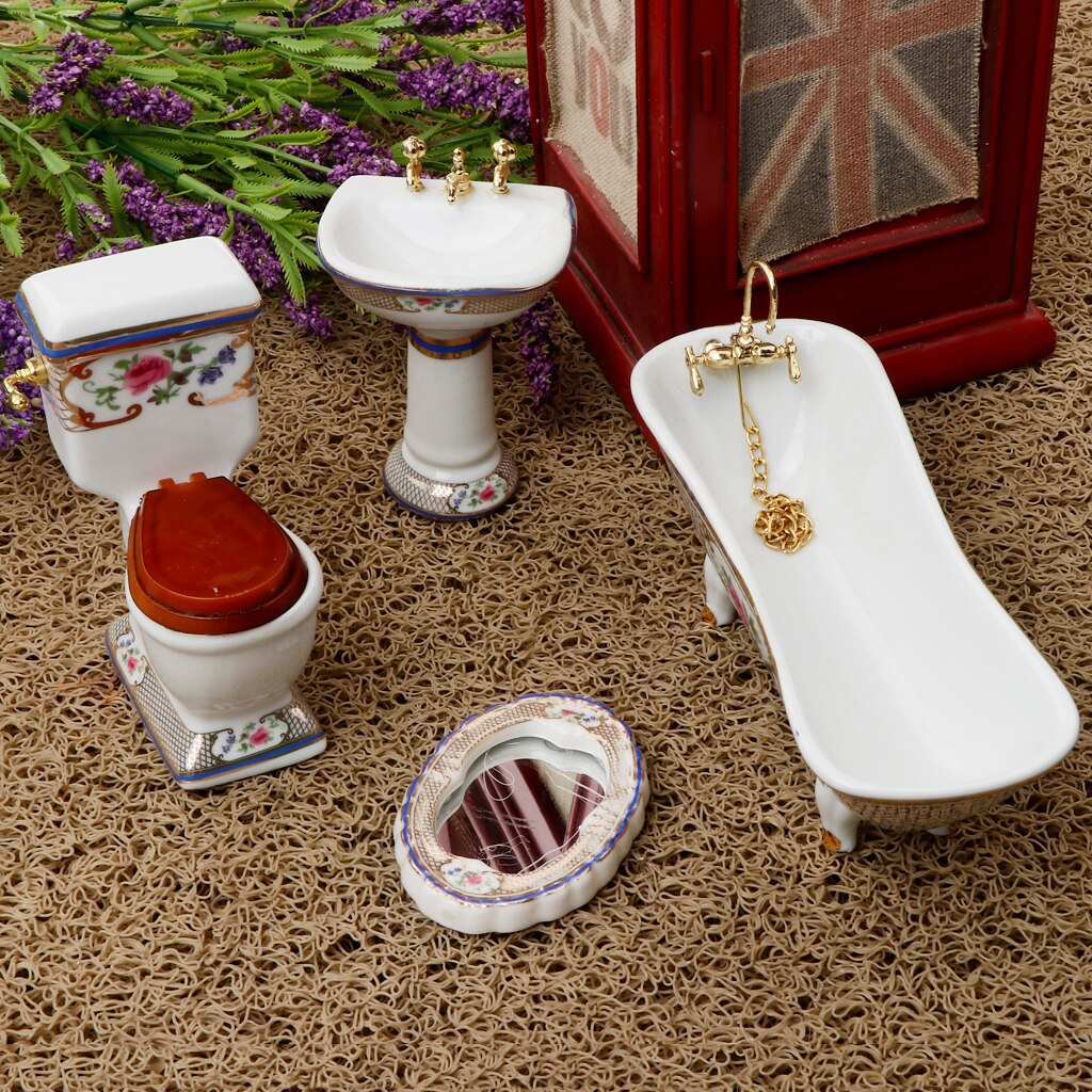 4pcs Bathroom Decor Toilet Bathtub Set Dollhouse Miniature Accessory 1:12 #3
