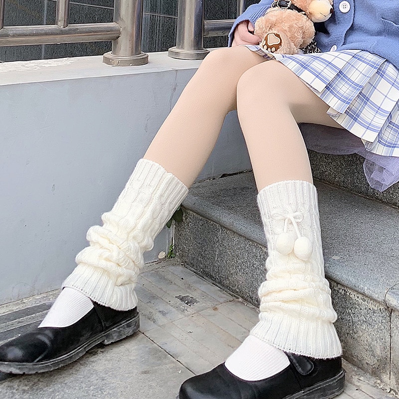 Blanco sólido Lovey, calentador de piernas para mujer, bonito calcetín de calle Jk para estudiante, Otoño Invierno , largo hasta la pantorrilla, tejido de acrílico para mujer