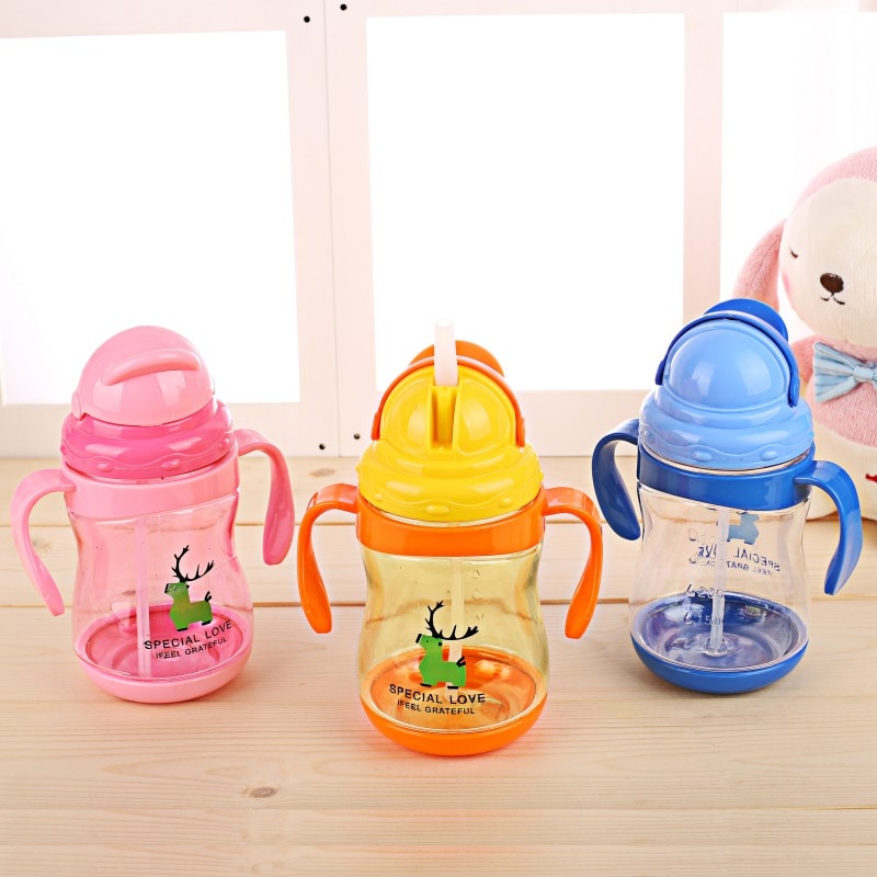 Taza de bebé de 300ml, vasos pijos de ciervos de dibujos animados para bebés, botellas de entrenamiento para niños pequeños, botellas para niños para aprender a beber con doble