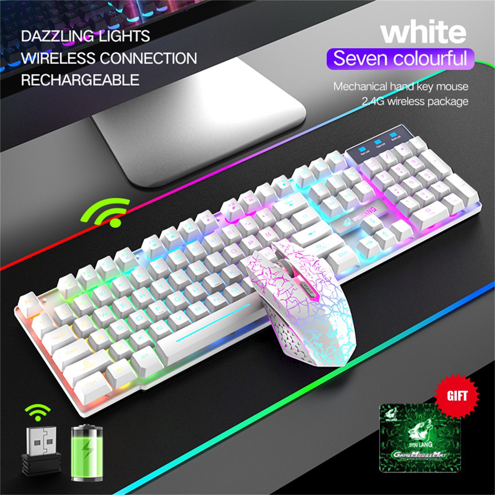 Wireless Gaming Keyboard and Mouse Combo with Rainbow LED Backlit Rechargeable Wireless Charging Keyboard: C