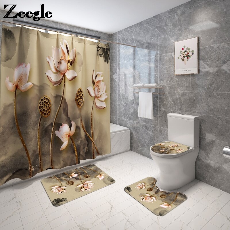 Bloemen Badmat En Douchegordijn Set Flanel Toilet Seat Cover Mat Badkamer Tapijt Antislip Badkamer Vloermat