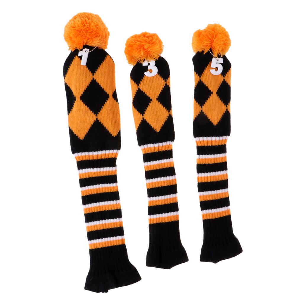 3 Pieces Golf Knit Pom Pom Headcover Driver Fairway Woods Head Covers Orange