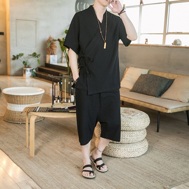 Chinesischen Stil herren Anzug Dünne Atmungsaktive Baumwolle Leinen Zwei Stück Set Hanfu Tang Casual Kimono Kurzarm T-shirt + hosen