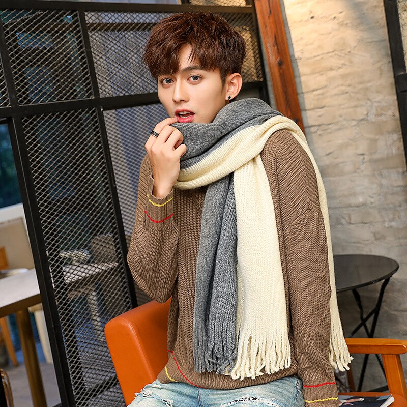 Pañuelo y grueso para hombre, bufanda de lana tejida, para estudiantes jóvenes, color azul marino, vino tinto, invierno,