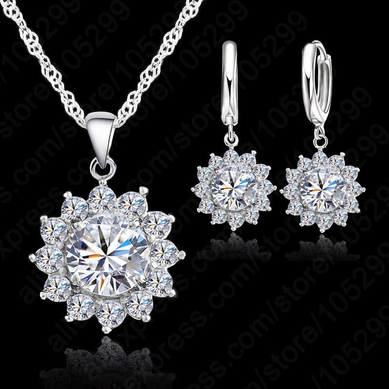 Cubic zirconia cz bryllup smykker setrhinestone blomst vedhæng halskæde smykker sæt 925 sterling sølv