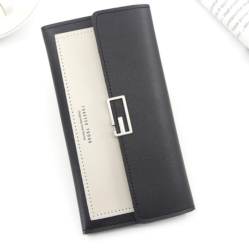 Style Long Korean Style Women's Wallet Simple Clutch Bag Tri-Fold Multi-Function Buckle Multi-Card Position Change Wallet: black