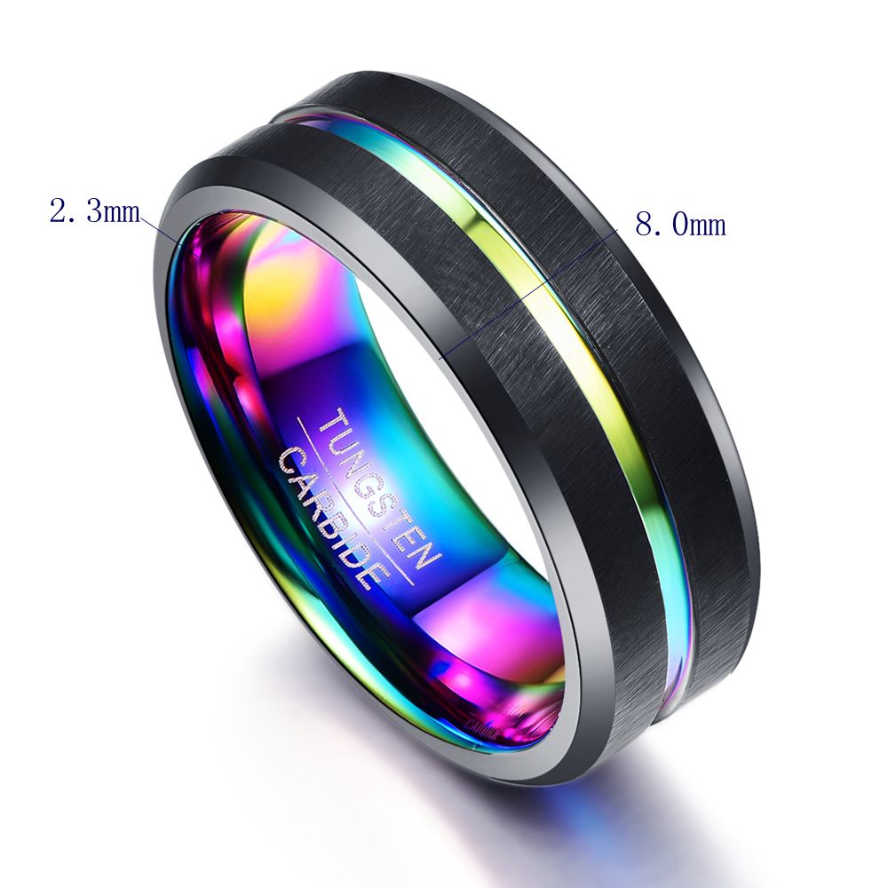 8MM Wide Black Matte Plating Colorful Slotted Tungsten Steel Ring Anniversary Tungsten Rings for Men&#39;s Jewelry