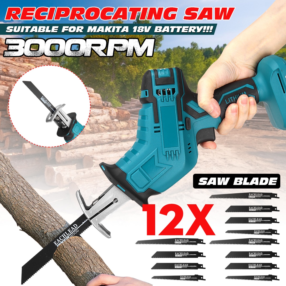 Reciprocating Saw Cordless Electric Saw with 12 Saw Blades for Wood Metal Plastic Cutting machine for Makita 18V Battery