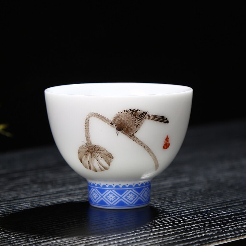 Håndtegnet fugl te kop blå og hvid porcelæn kop keramik mønster puer kop personlighed tekop: -en