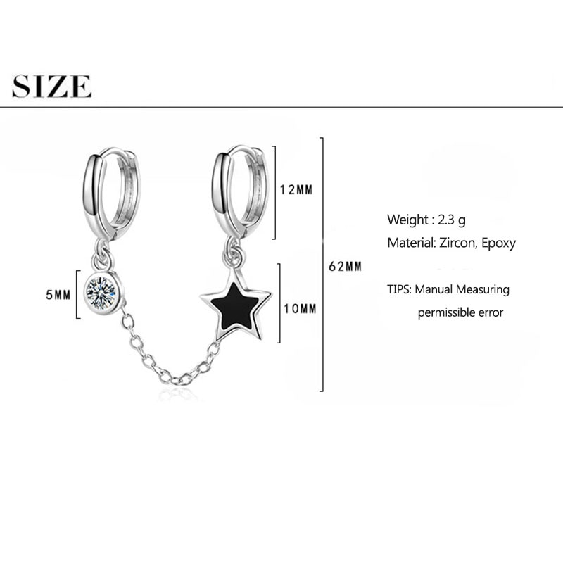 ANENJERY Silver Color Copper Double Ear Hole Hoop Earring Zircon Glaze Star Tassel Chain Earrings For Women S-E1056