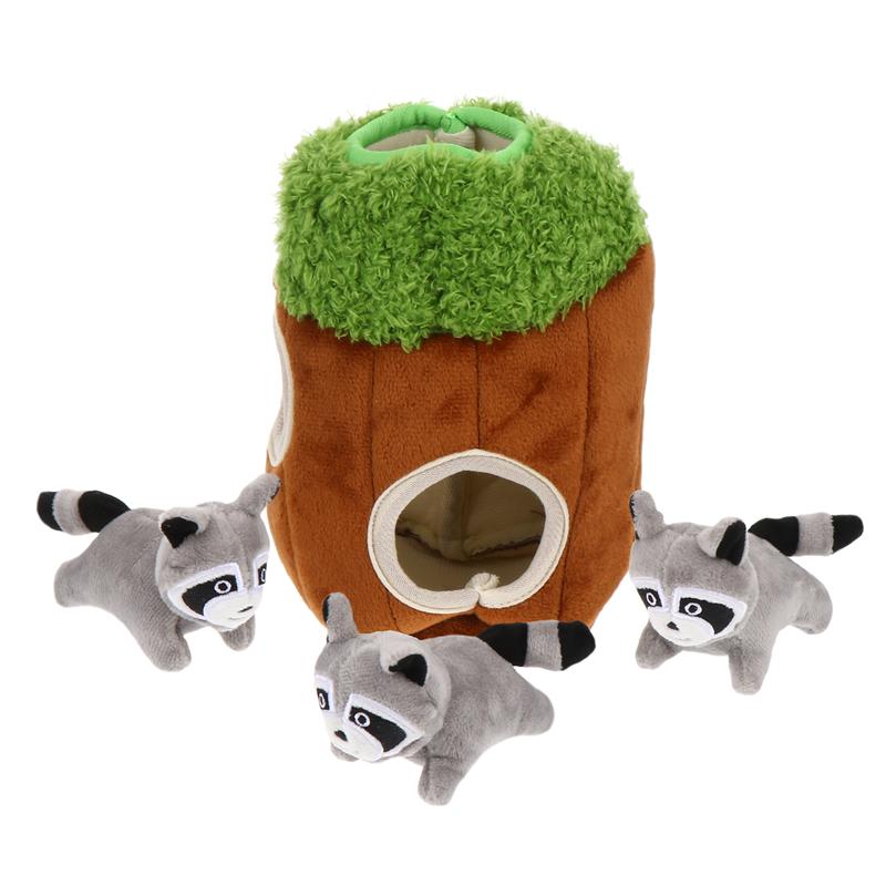 4Pcs Dog Squeaky Plush Toy Tree Trunk Squeaky Plush Toy Pet Chewing Plaything Hide And Seek Activity Game Toys For Dogs Cats: Light Grey raccoon