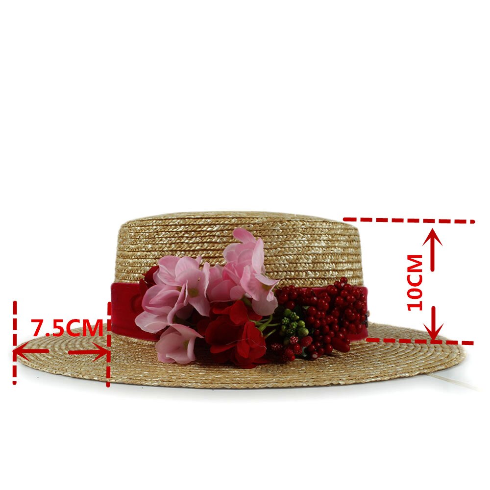 Sombrero de paja de trigo para mujer, gorro de sol plano con flor roja para playa, verano, , 100%
